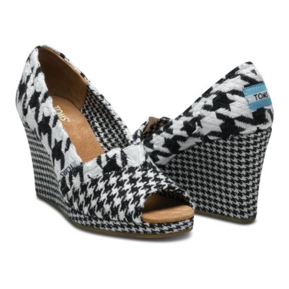 TOMS Black White Houndstooth Wedge 9